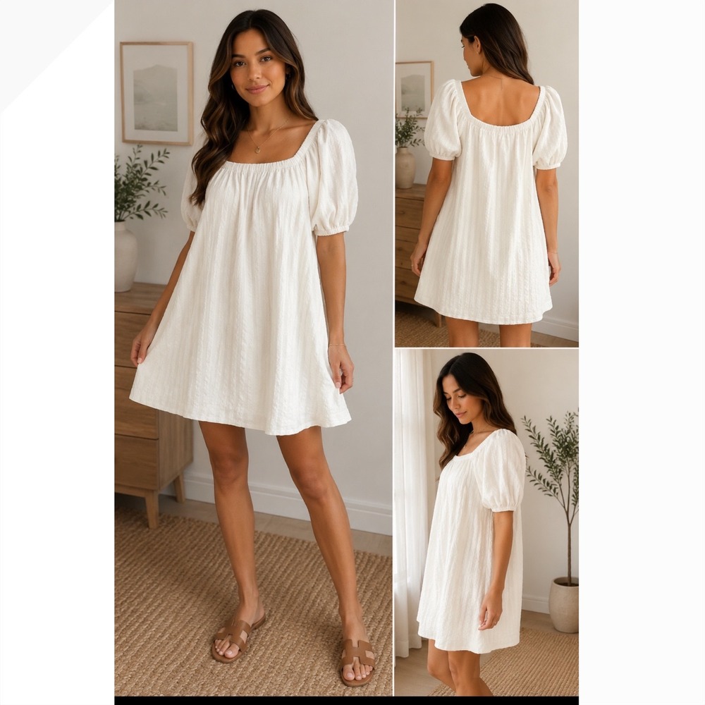 Old Navy Women White Textured Cotton Puff Sleeve Babydoll‎ Mini Dress S Petite